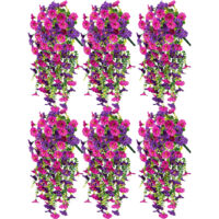 6-Piece Spring & Summer Garden Decor Set, Artificial Morning Glory with Leaves, Purple & Red-Pink
