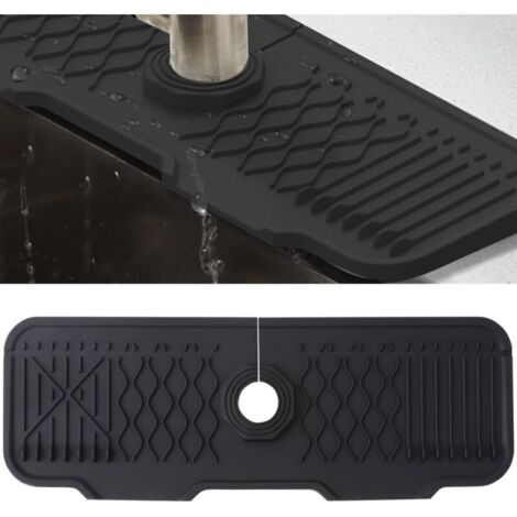Tapis de Robinet Silicone, Protection Anti-Éclaboussures pour Robinet d'Évier, Plateau Anti-Gouttes pour Poignée Robinet, Tapis d'Évier pour Comptoir de Cuisine et de Salle de Bain (Noir, 43 cm)