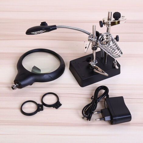 Troisième main Loupe pour souder avec Grossissements de 2.5x, 5x et 8x Lampe Loupe avec des Pinces crocodile, Support pour Fer à souder et 5 LED Accessoires de soudage