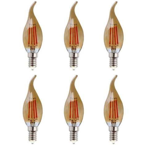 Ampoule LED E14 Forme de bougie à filament 4W (Équivalent à 40W halogène) Blanc Chaud 2700K 600Lm Ampoules Flamme Ampoule Bougie Classique E14 LED Vintage Verre Ambré Non Dimmable, Lot de 6 [Classe én (1/5)