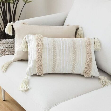 Housse de coussin tricotée géométrique 30x50cm Tissu épais 45% coton Décorative beige pour canapé et salon