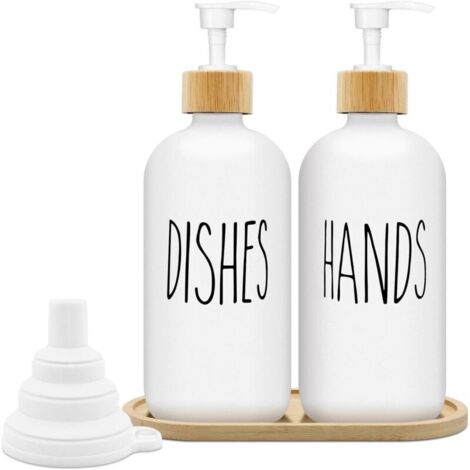 Distributeur de Savon Blanc Mat Set 500ml Distributeur de Savon en Verre avec Plateau Distributeur de Liquide Vaisselle Distributeur de Savon pour Cuisine et Douche (Blanc x 2)