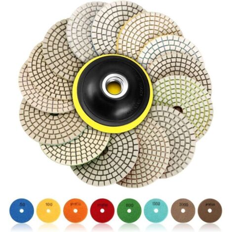 Disque diamant pour meuleuse 4 pouces Lot de 15 tampons de polissage pour béton, marbre et granit Grain 50-6000, usage humide
