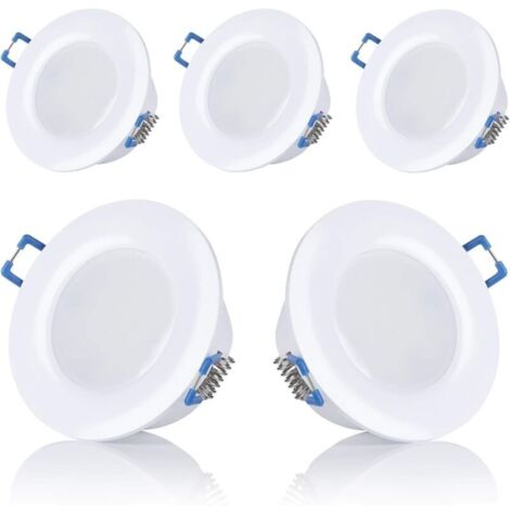 Lot de 5 spots LED, encastrables, pour salle de bain, IP44, 230 V, ultra plats, 5 W, disponibles en blanc chaud et blanc froid, ronds, blanc, pour salle de bain,Diamètre d'ouverture : 75-80mm [Classe (1/4)