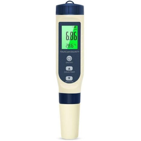 Ph-mètre 5 en 1 Testeur pH, salinité, EC, TDS et température Compensation automatique Écran LCD rétroéclairé Pour aquariums et piscines
