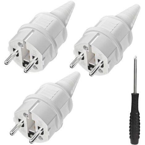 3 fiches de contact de protection avec protection anti-torsion, 250 V (16 A), résistantes aux projections d'eau et longue durée, IP44, blanches. (1/5)
