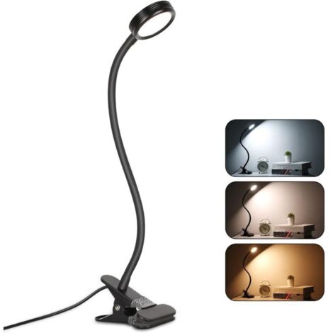 Lampe à pince Lampe de table à pince LED Lampe de bureau de lecture avec adaptateur Réglage de la luminosité Protection des yeux Bureau et maison Flexible à 360° Noir