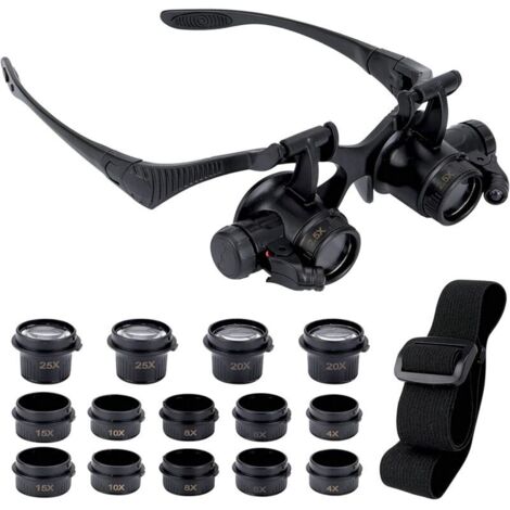 Lunettes loupe éclairantes avec 2 lumières LED 8 lentilles interchangeables 2.5X à 25X Montage sur tête pour réparation et lecture