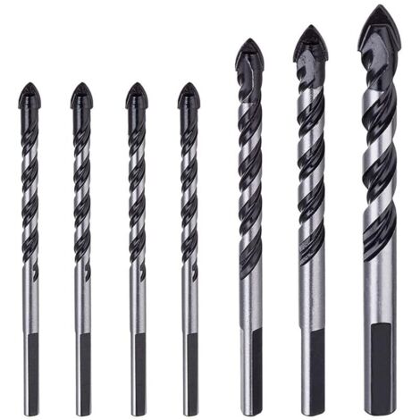 Lot de 7 forets de maçonnerie en carbure de tungstène pour porcelaine, carrelage, béton, mur de brique, verre, miroirs, plastique, maçonnerie et bois (6, 6, 6, 6, 8, 10, 12 mm) (1/5)