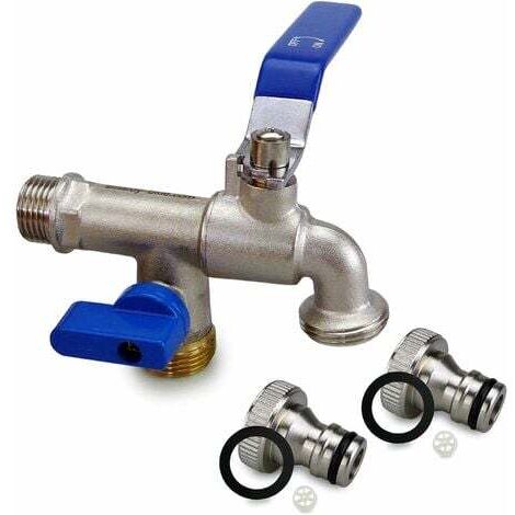 Robinet Haut de Gamme avec Double Sortie, Robinet de soutirage 1/2" x3/4" x3/4" résistant à la Rouille et au Gel avec 2 raccordements tuyaux pour Jardin, Machine à Laver ou citernes.