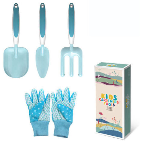 Lot de 4 outils de jardinage pour enfants - Truelle râteau et fourchette - Gants de jardinage - Mini ensemble d'outils de jardinage pour la plage et le jardin (1/4)