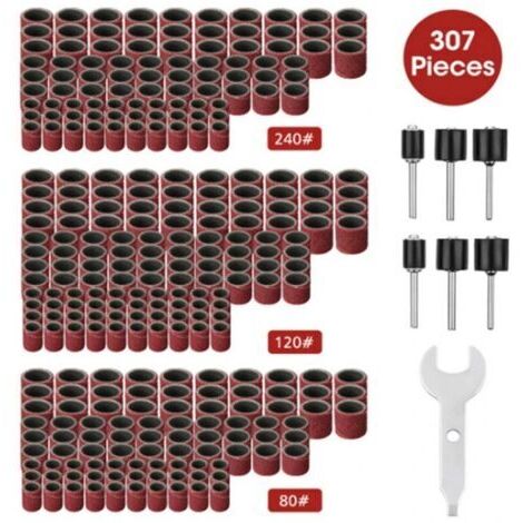 Kit de ponceuse à tambour, 307 pièces, 300 manchons de bande de ponçage (80 /120 /240 ) + 6 mandrins de tambour (1/4)