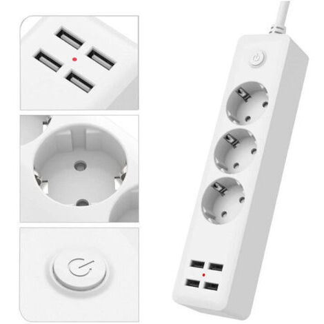 Multiprise USB standard européenne avec 3 prises, multiprise avec 4 ports USB, multiprise avec interrupteur, cordon d'alimentation de 1,5 M, convient pour la maison, le bureau, l'installation murale (1/3)