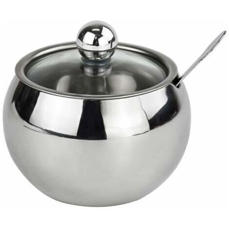 Sucrier en acier inoxydable avec couvercle et cuillère en verre transparent, pot à épices pour herbes à thé au sucre salé (1/5)