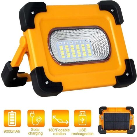 Projecteur LED rechargeable 60w 3000 lumens lumière de travail de construction avec batterie 9000mah et panneau solaire 4 modes lanterne portable inondation extérieure (1/4)