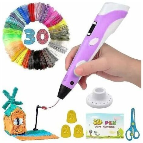 Stylo 3D intelligent avec affichage LED, stylo d'impression 3D avec chargement USB, recharges de filament Pla 30 couleurs(violet)