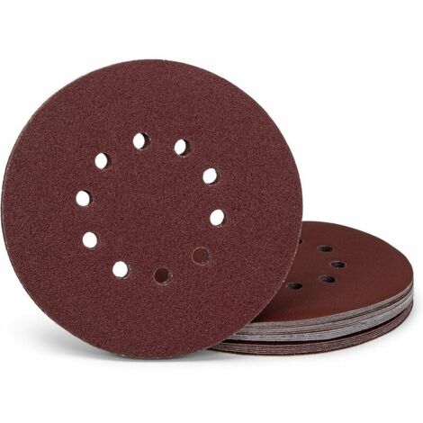 Lot de 25 disques abrasifs professionnels - 10 trous - Diamètre : 225 mm - Grain 40 - Pour ponceuse à col long - Feuilles abrasives - Papier abrasif - Patins abrasifs, (1/3)