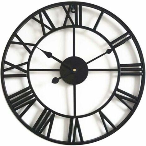Grande horloge murale rétro en fer - Ronde - Silencieuse - Fonctionne avec piles - Chiffres romains - Style vintage - Pour décoration de salon - Noir （40 Cm） (1/5)