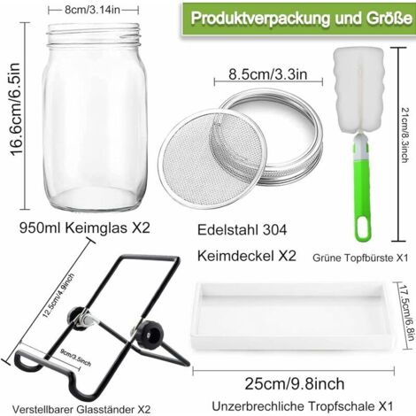 GUHAOOL Bocal De Germination 2x1000ml - Kit Complet Avec Couvercles Inox & Supports
