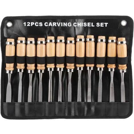 12Pcs Ciseaux à Bois, Outils de Menuiserie avec Poignées en Bois, Mallette pour Bricolage et Artisanat (1/4)