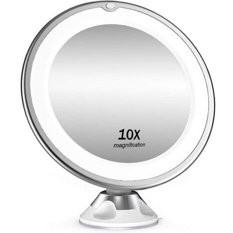 Miroir cosmétique grossissant x 10, éclairage LED, pivotant à 360°, miroir de rasage avec ventouse, pour la maison et les voyages, blanc