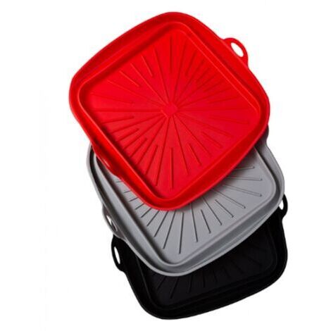 Moule Silicone Air Fryer, 3 Pièces Moule Panier Friteuse à Air Chaud Réutilisable Airfryer Plat Carré Pliable Doublure Liners pour Friteuse Air, Micro-ondes, Four (Rouge+Noir+gris) (1/5)