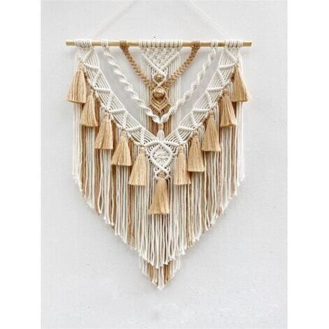 Tapisserie macramé en coton tissé à la main avec pompons, décoration artisanale, chambre à coucher, salon, appartement, 55 x 75 cm