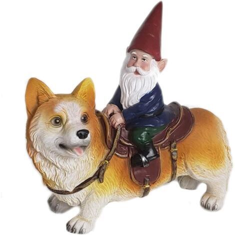 Statue de nain de jardin Funny Guy Mugs - Nain chevauchant un Corgi - Sculpture de nain de jardin intérieur/extérieur pour patio, cour ou pelouse