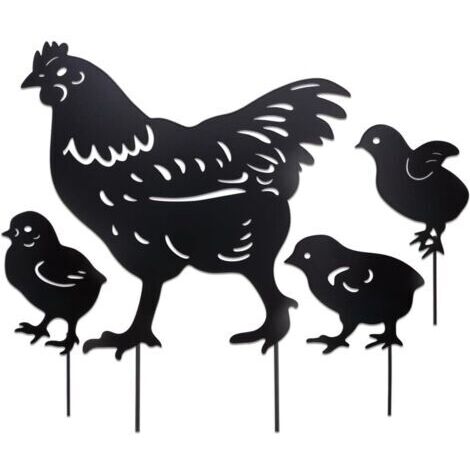 Lot de 4 statues décoratives de jardin en métal représentant des poules et des poussins, silhouettes distinctes, décoration de jardin creuse noire, idéale pour les pelouses et les jardins.