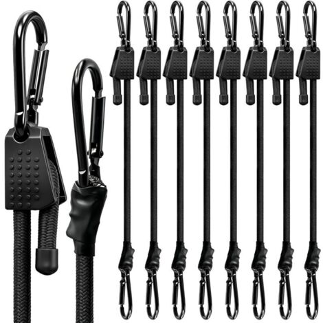 Lot de 8 tendeurs réglables en caoutchouc avec mousqueton, tendeur à bagages, noir, 100 cm, avec mousqueton, en caoutchouc extra résistant, pour voile d'ombrage, voiture et activités de plein (1/5)