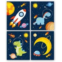 Lot de 4 Poster Pour Chambre D'Enfant/Bébé,Affiche de Planète Fusée,Affiches Espace Enfants,Impression D'art Mural Dinosaures,Tableaux Décoratifs Pour Garçon Chambre,Sans Cadre ,2025cm