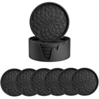 Dessous de verre en silicone avec support, lot de 6, dessous de verre pour boissons chaudes ou froides, épais, antidérapants, antiadhésifs, plateau profond, noir