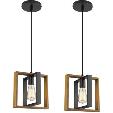 2er Set europäische Pendelleuchten 1-flammig, schwarz + Holzoptik, ohne Leuchtmittel, modernes minimalistisches quadratisches Design aus Holz und Metall, für Esszimmer, Kücheninsel, E27-Fassung (1/5)