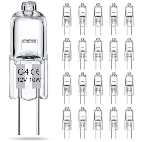 Confezione da 20 lampadine alogene a bassa tensione G4 trasparenti, 12V 10W, regolabili, lunga durata, a due perni, per lampade di cristallo e diffusori di aromaterapia (1/5)