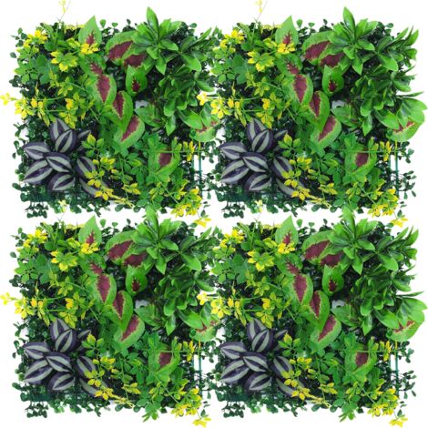 Confezione da 4 pareti verdi artificiali, siepi artificiali, recinzione decorativa e privacy, sfondo per pareti con fiori artificiali, 25 x 25 cm