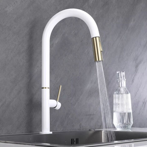 Rubinetto da cucina bianco, lavello da cucina girevole, con doccetta estraibile, rubinetto in ottone, miscelatore per acqua calda e fredda (1/5)