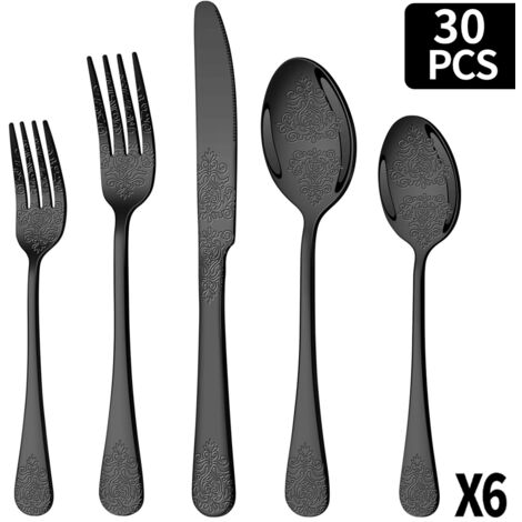 30-teiliges Schwarzes Besteckset für 6 Personen – Edelstahl mit Blumenrelief, Messer Gabel Löffel, Spülmaschinengeeignet