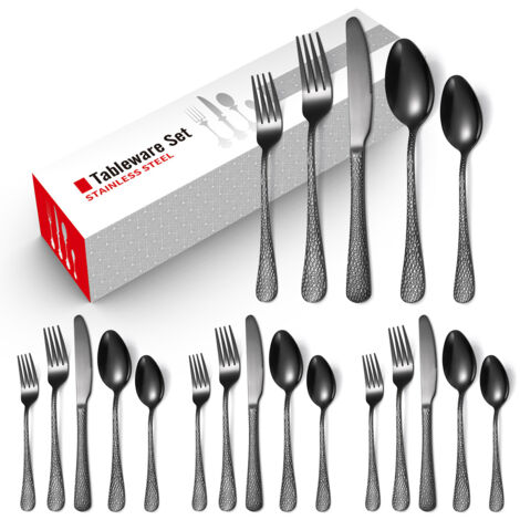24-teiliges Besteckset Schwarz für 4 Personen – Gehämmerte Optik, Edelstahl, Spülmaschinengeeignet