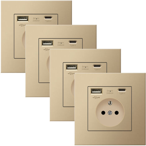 4er Pack Wandsteckdosen mit USB & Typ-C, 5V 2,1A, Universelle Steckdose mit Überlastschutz, 86 mm, Gold