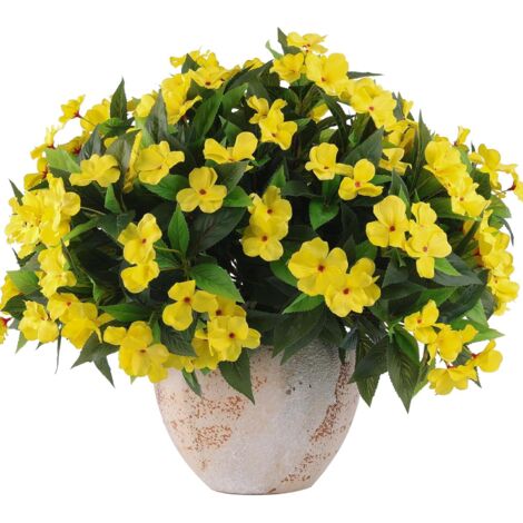 Künstliche Außen-Impatiens 4 Stück – UV-beständig, Seidenpflanzen, Garten-, Balkon- und Terrassendekoration, Gelb (1/5)