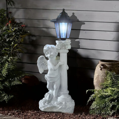 Engel Statue mit Solarbeleuchtung für Garten, linke Ausrichtung, wetterfeste Gartendekoration, Solarfigur für Aussen, Terrasse, Rasen und Hof