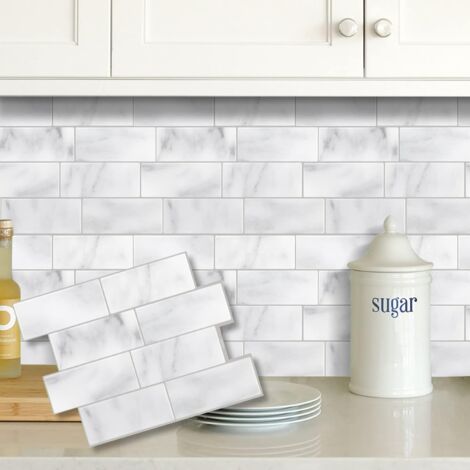 Pack de 10 Azulejos Adhesivos 3D Marmol Blanco - Vinilo Revestimiento Pared Autoadhesivo 29x21cm - Salpicadero Cocina y Baño Impermeable - Panel Decorativo de PET Premium Antigrasa