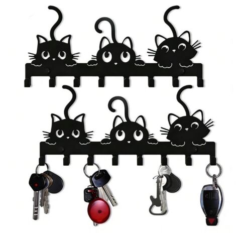 2 portallaves, 3 estantes de pared estilo gato, ganchos de decoración artística de metal, adecuados para abrigos, entradas, etc. (1/5)