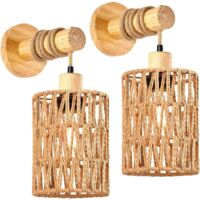 2er-Set Innenwandleuchten E27 USB wiederaufladbar, Vintage-Holz (ohne Glühbirne), Boho-Rattan-Lampe für Schlafzimmer, Nachttisch, Flur, Wohnzimmer