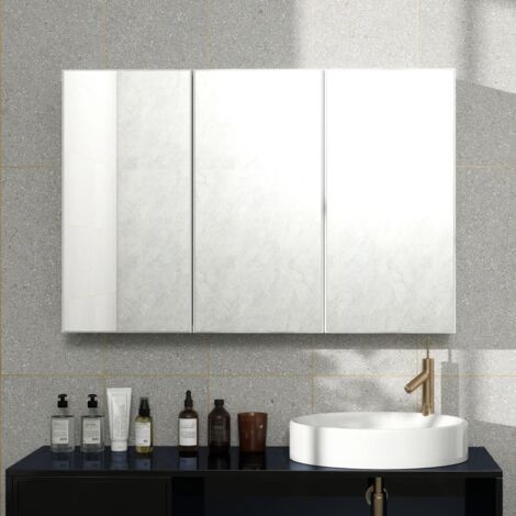 Badezimmer-Wandschrank, Spiegel, 3-türiger Aufbewahrungsschrank, 90 × 15,5 × 60 cm, feuchtigkeitsbeständiges MDF, modern, Weiß (1/5)