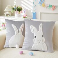 Kissenbezug Hase Ostern 45x45 Samt Frühjahrsdeko Dekokissen Wohnzimmer Schlafzimmer (Grau, 2 Hasen)