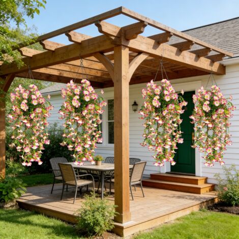 4 pcs Flores Artificiales Exteriores Petunias Resistentes a UV – Plantas Colgantes, Decoración Jardín, Balcón y Terraza (Rosa)
