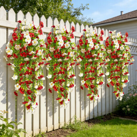 Set de 4 flores artificiales de exterior – Petunias colgantes resistentes a los rayos UV para jardín, balcón y terraza (Blanco + Rojo) (1/5)