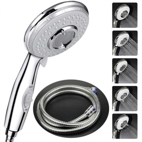 Pommeau Douche + 2 M Tuyau de Douche Flexible, Pommeau de Douche avec Tuyau, 5 Modes Economiseur d'eau et bouton de l'interrupteur, Haute Pression Douchette Pommeau Acier Inoxydable (1/5)