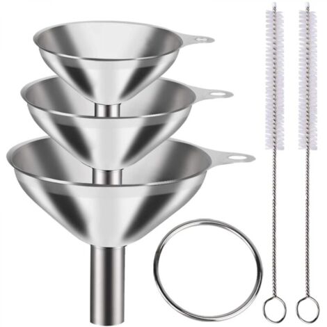 Ensemble de trois entonnoirs argentés + 2 brosses de nettoyage, verseur d'huile suspendu pour la cuisine, entonnoirs à vin de grande et petite taille (1/5)